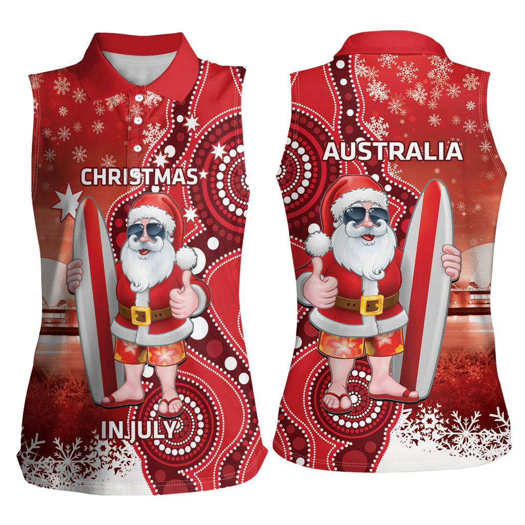 Christmas In July Australia Women Sleeveless Polo Shirt Santa Surfboard Sydney Opera House - Red
