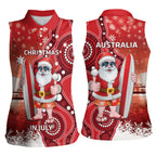 Christmas In July Australia Women Sleeveless Polo Shirt Santa Surfboard Sydney Opera House - Red