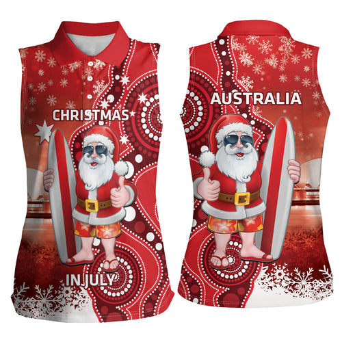 Christmas In July Australia Women Sleeveless Polo Shirt Santa Surfboard Sydney Opera House - Red