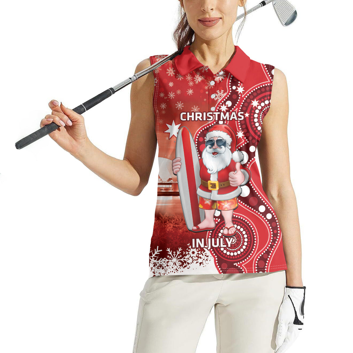 Christmas In July Australia Women Sleeveless Polo Shirt Santa Surfboard Sydney Opera House - Red