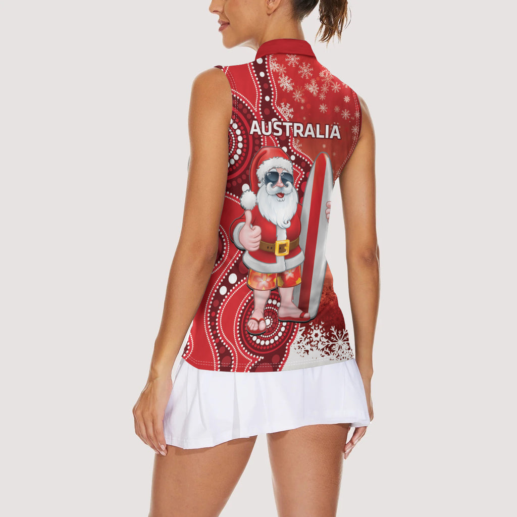Christmas In July Australia Women Sleeveless Polo Shirt Santa Surfboard Sydney Opera House - Red