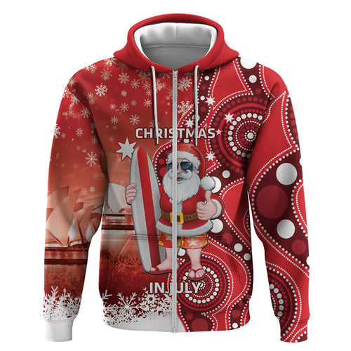 Christmas In July Australia Zip Hoodie Santa Surfboard Sydney Opera House - Red
