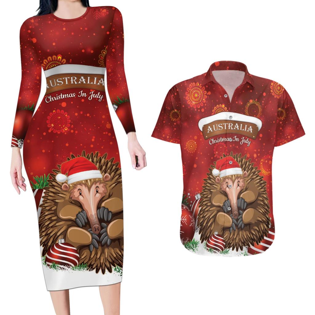 Australia Christmas In July Couples Matching Long Sleeve Bodycon Dress and Hawaiian Shirt Echidna Santa Claus