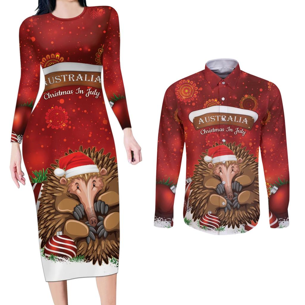 Australia Christmas In July Couples Matching Long Sleeve Bodycon Dress and Long Sleeve Button Shirt Echidna Santa Claus