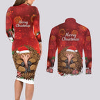 Australia Christmas In July Couples Matching Long Sleeve Bodycon Dress and Long Sleeve Button Shirt Echidna Santa Claus