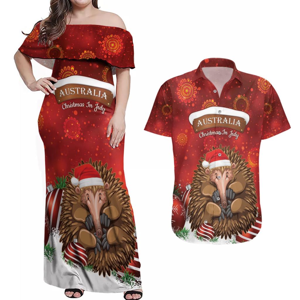 Australia Christmas In July Couples Matching Off Shoulder Maxi Dress and Hawaiian Shirt Echidna Santa Claus