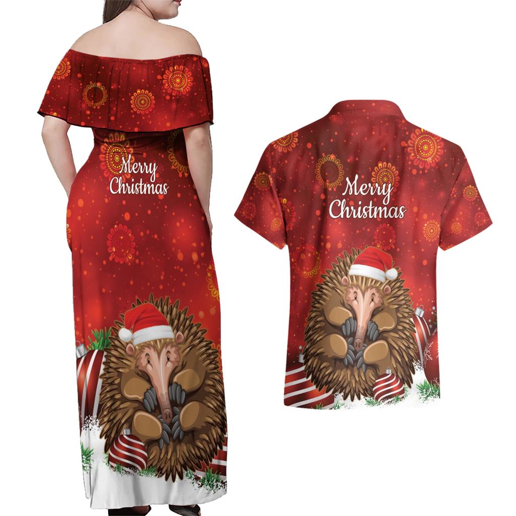Australia Christmas In July Couples Matching Off Shoulder Maxi Dress and Hawaiian Shirt Echidna Santa Claus