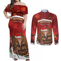 Australia Christmas In July Couples Matching Off Shoulder Maxi Dress and Long Sleeve Button Shirt Echidna Santa Claus