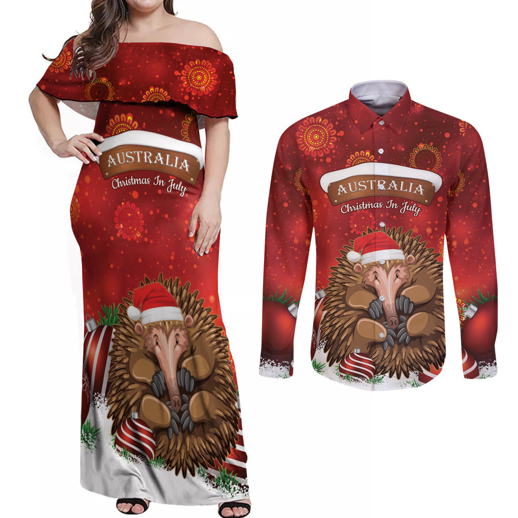 Australia Christmas In July Couples Matching Off Shoulder Maxi Dress and Long Sleeve Button Shirt Echidna Santa Claus