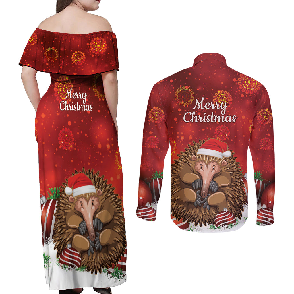 Australia Christmas In July Couples Matching Off Shoulder Maxi Dress and Long Sleeve Button Shirt Echidna Santa Claus