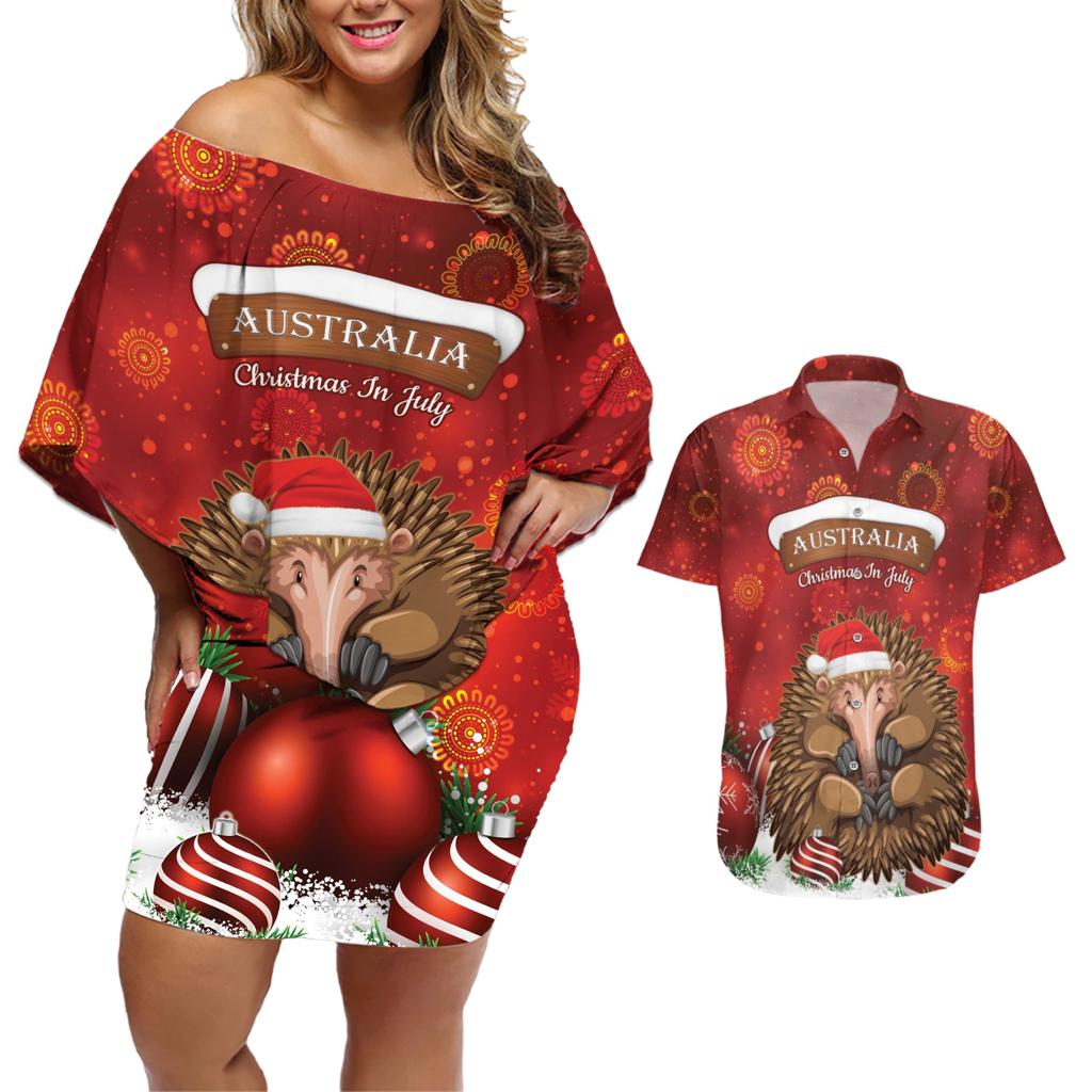 Australia Christmas In July Couples Matching Off Shoulder Short Dress and Hawaiian Shirt Echidna Santa Claus