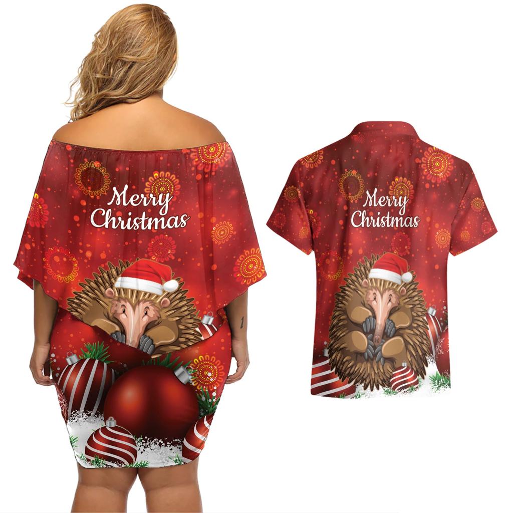 Australia Christmas In July Couples Matching Off Shoulder Short Dress and Hawaiian Shirt Echidna Santa Claus
