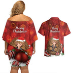 Australia Christmas In July Couples Matching Off Shoulder Short Dress and Hawaiian Shirt Echidna Santa Claus