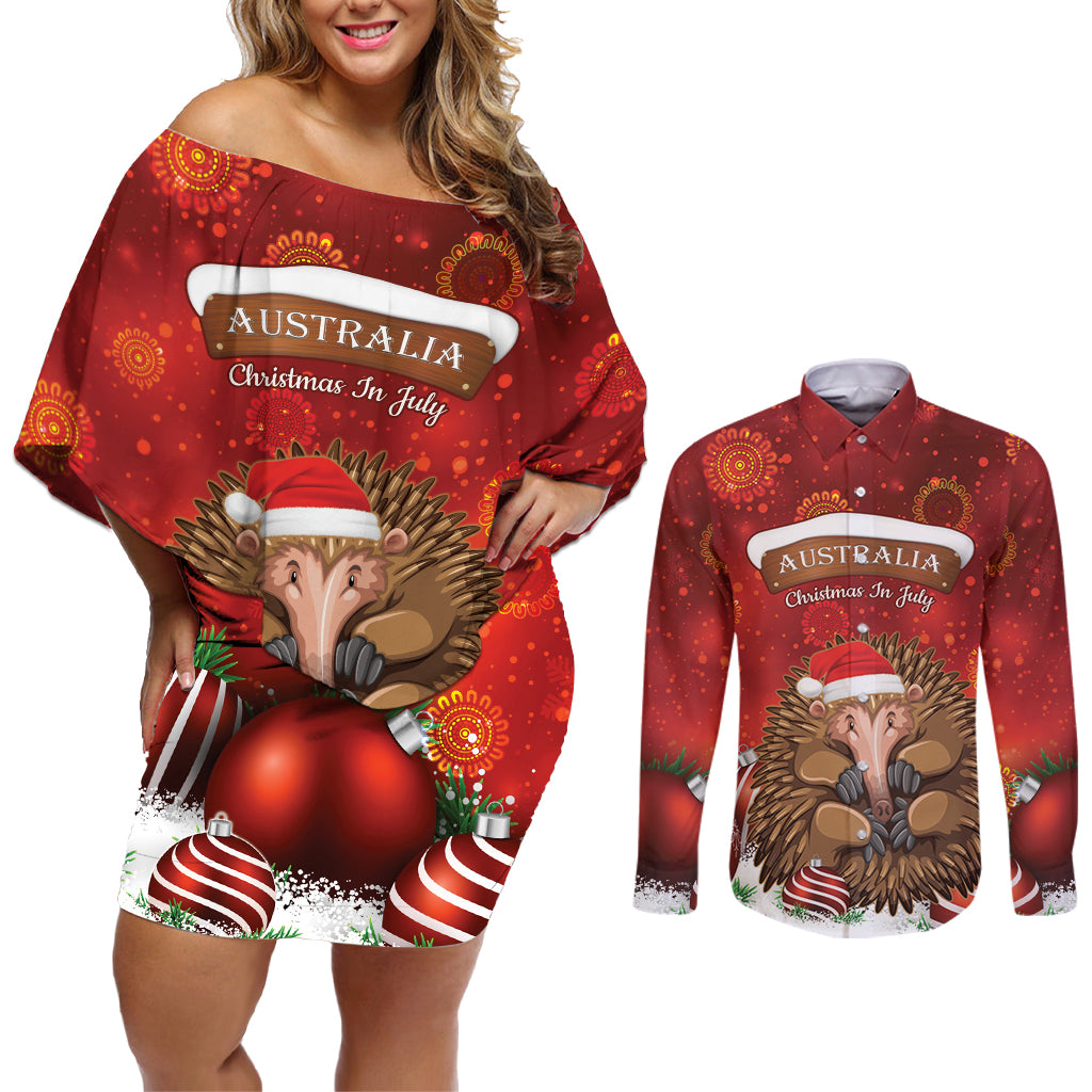 Australia Christmas In July Couples Matching Off Shoulder Short Dress and Long Sleeve Button Shirt Echidna Santa Claus