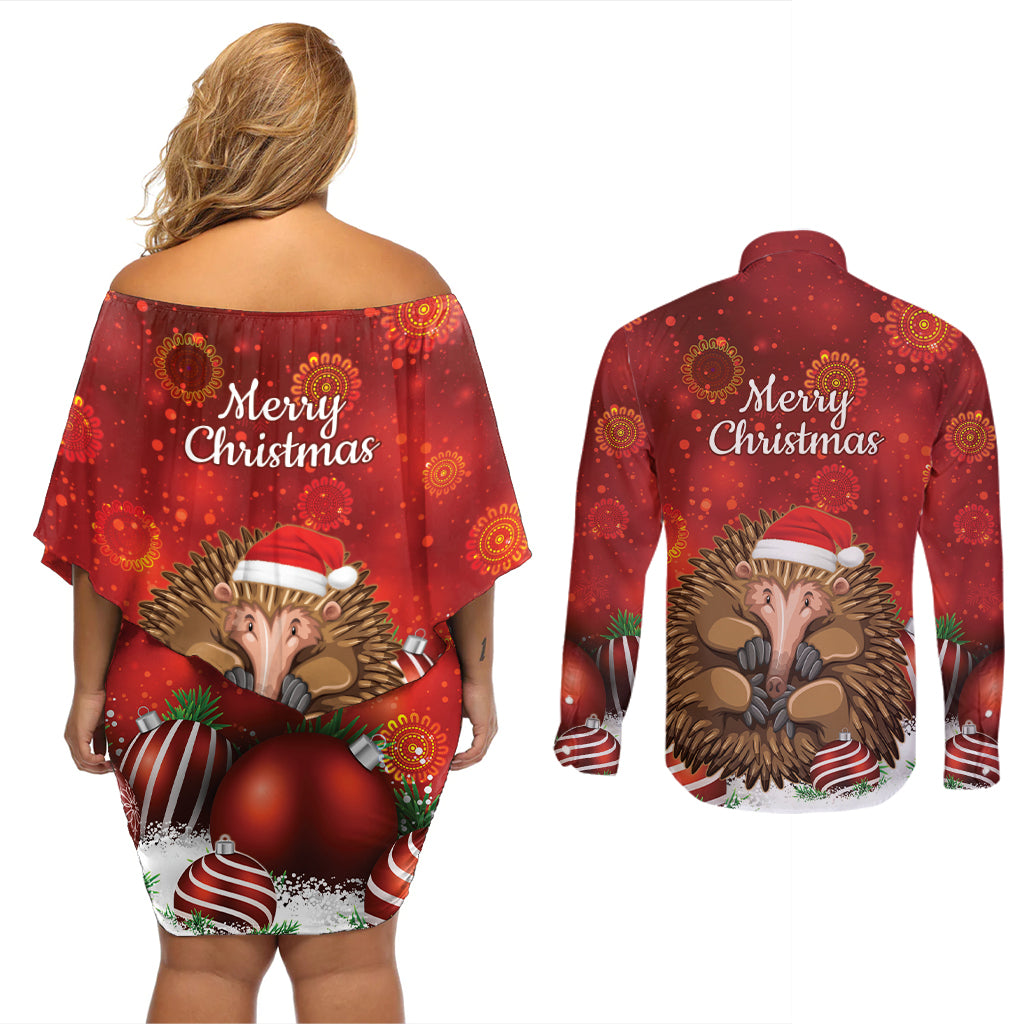 Australia Christmas In July Couples Matching Off Shoulder Short Dress and Long Sleeve Button Shirt Echidna Santa Claus