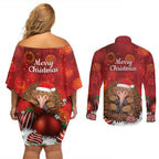 Australia Christmas In July Couples Matching Off Shoulder Short Dress and Long Sleeve Button Shirt Echidna Santa Claus