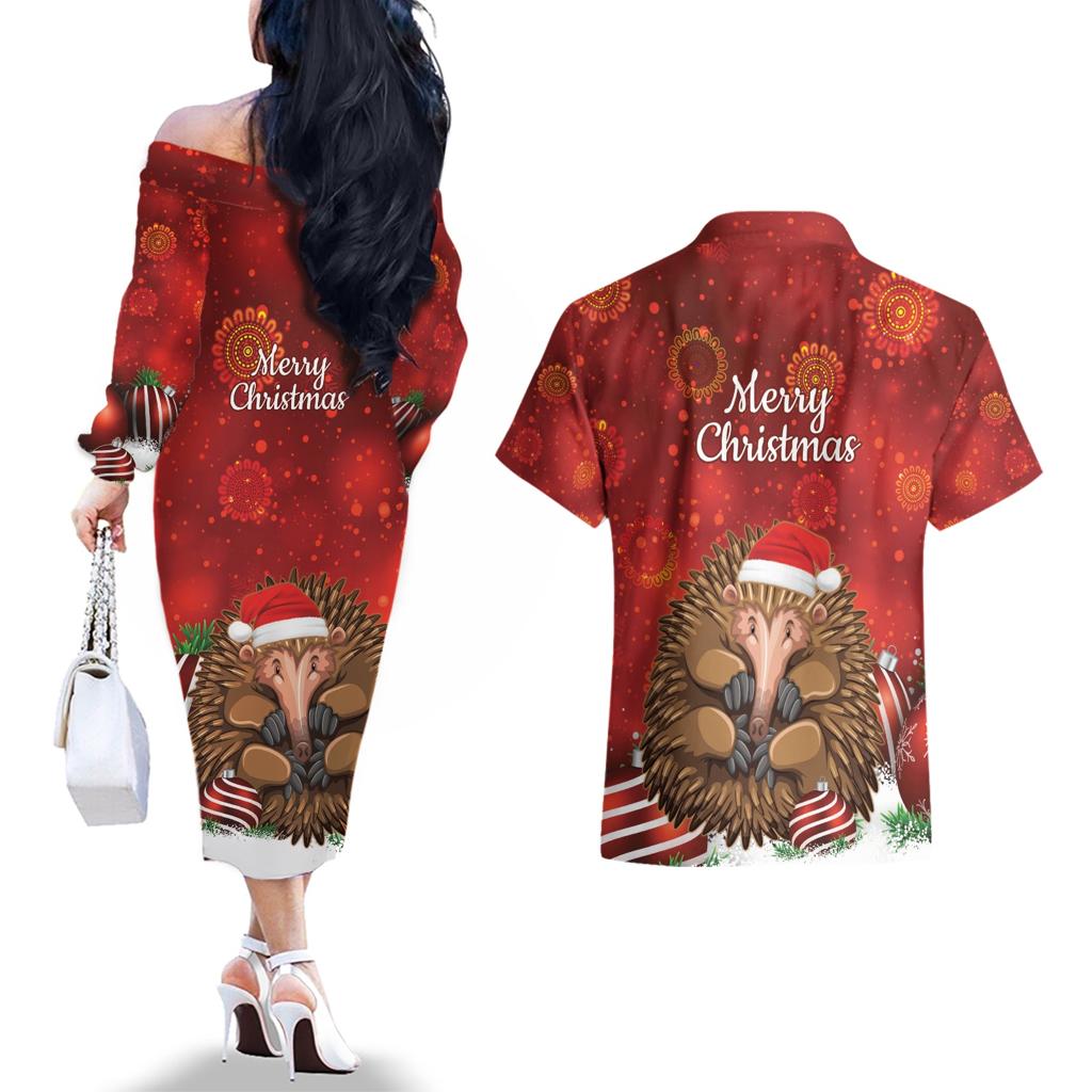Australia Christmas In July Couples Matching Off The Shoulder Long Sleeve Dress and Hawaiian Shirt Echidna Santa Claus