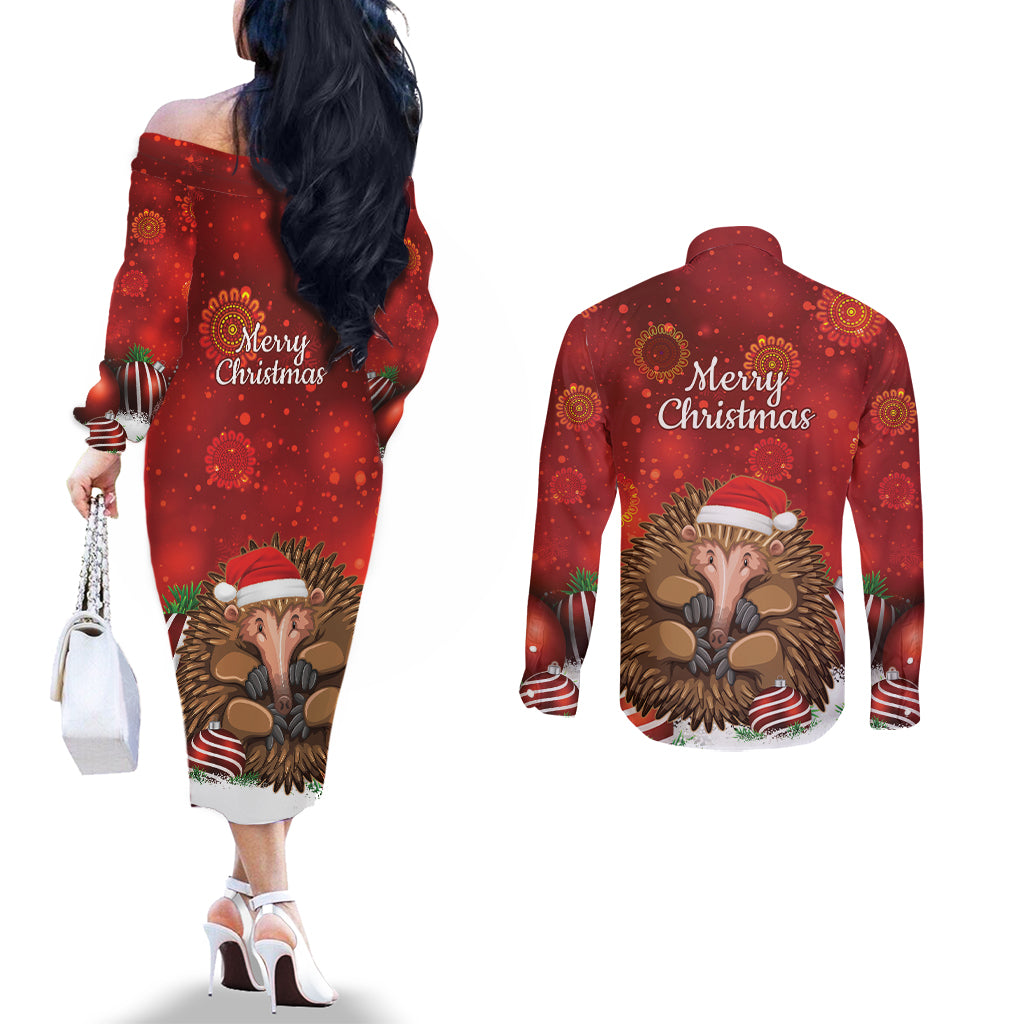Australia Christmas In July Couples Matching Off The Shoulder Long Sleeve Dress and Long Sleeve Button Shirt Echidna Santa Claus