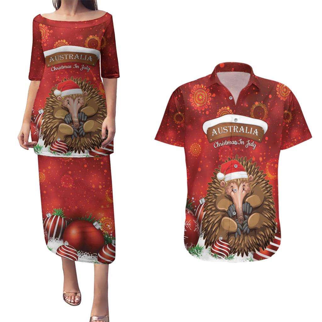 Australia Christmas In July Couples Matching Puletasi and Hawaiian Shirt Echidna Santa Claus