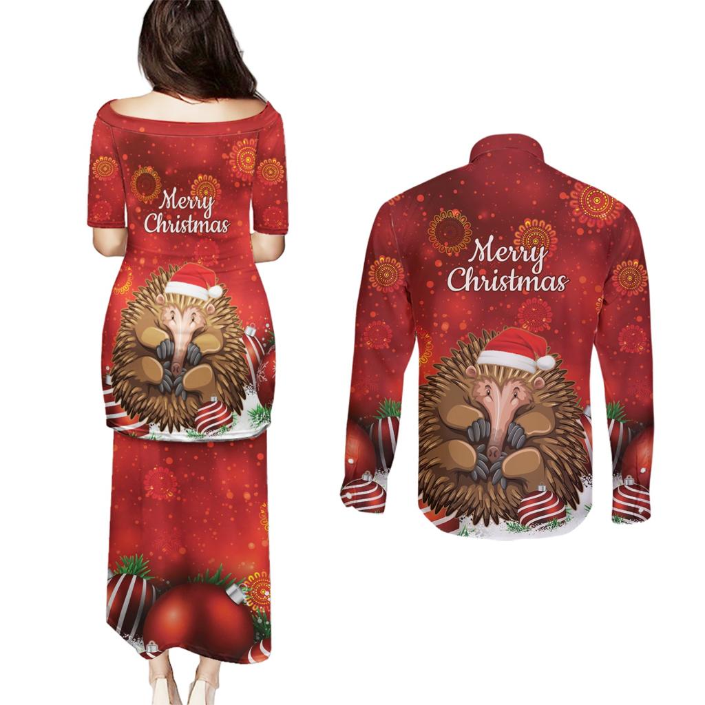 Australia Christmas In July Couples Matching Puletasi and Long Sleeve Button Shirt Echidna Santa Claus