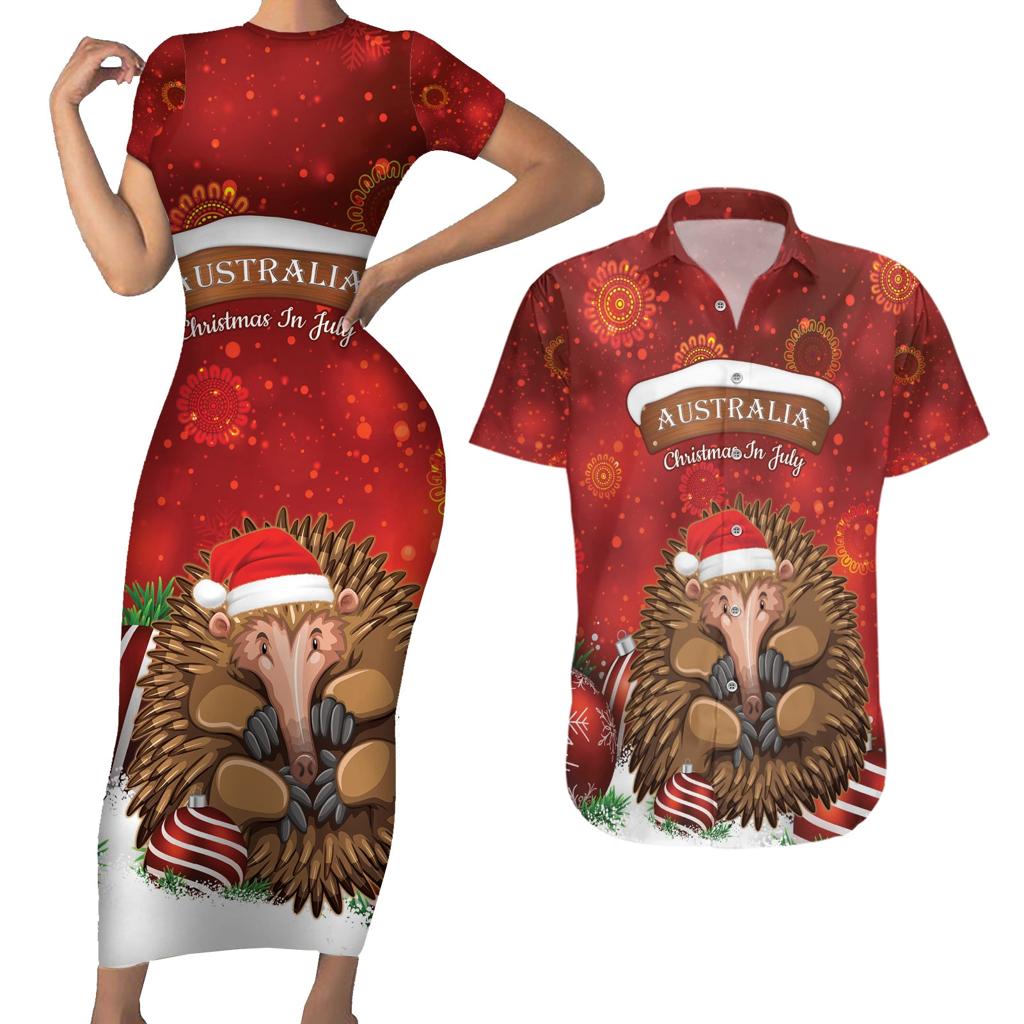 Australia Christmas In July Couples Matching Short Sleeve Bodycon Dress and Hawaiian Shirt Echidna Santa Claus