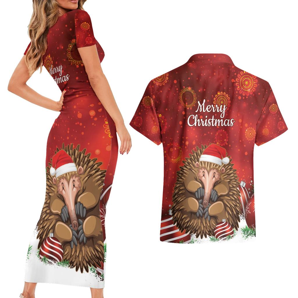 Australia Christmas In July Couples Matching Short Sleeve Bodycon Dress and Hawaiian Shirt Echidna Santa Claus