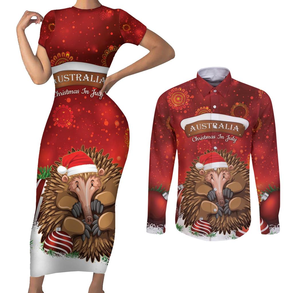 Australia Christmas In July Couples Matching Short Sleeve Bodycon Dress and Long Sleeve Button Shirt Echidna Santa Claus