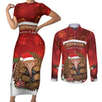 Australia Christmas In July Couples Matching Short Sleeve Bodycon Dress and Long Sleeve Button Shirt Echidna Santa Claus