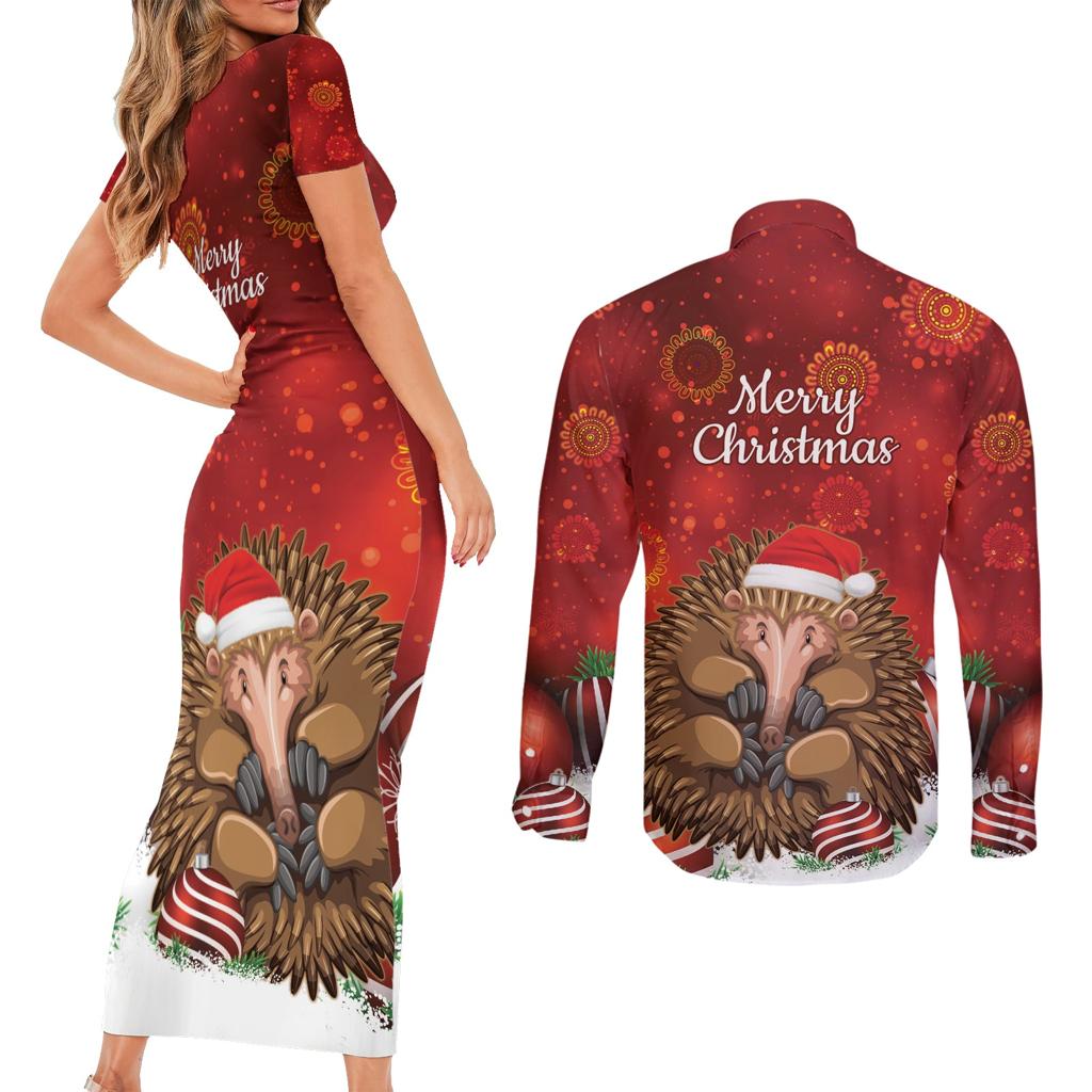 Australia Christmas In July Couples Matching Short Sleeve Bodycon Dress and Long Sleeve Button Shirt Echidna Santa Claus