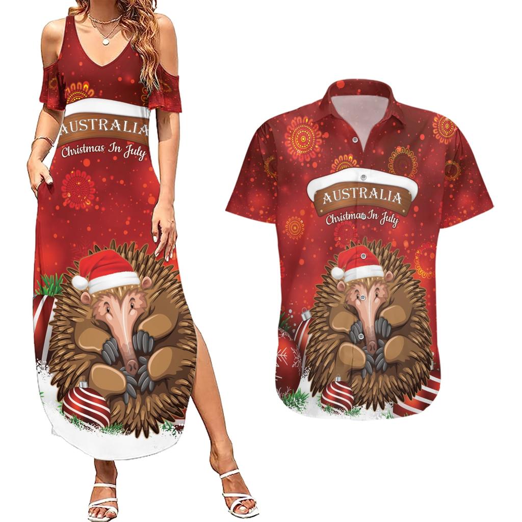 Australia Christmas In July Couples Matching Summer Maxi Dress and Hawaiian Shirt Echidna Santa Claus