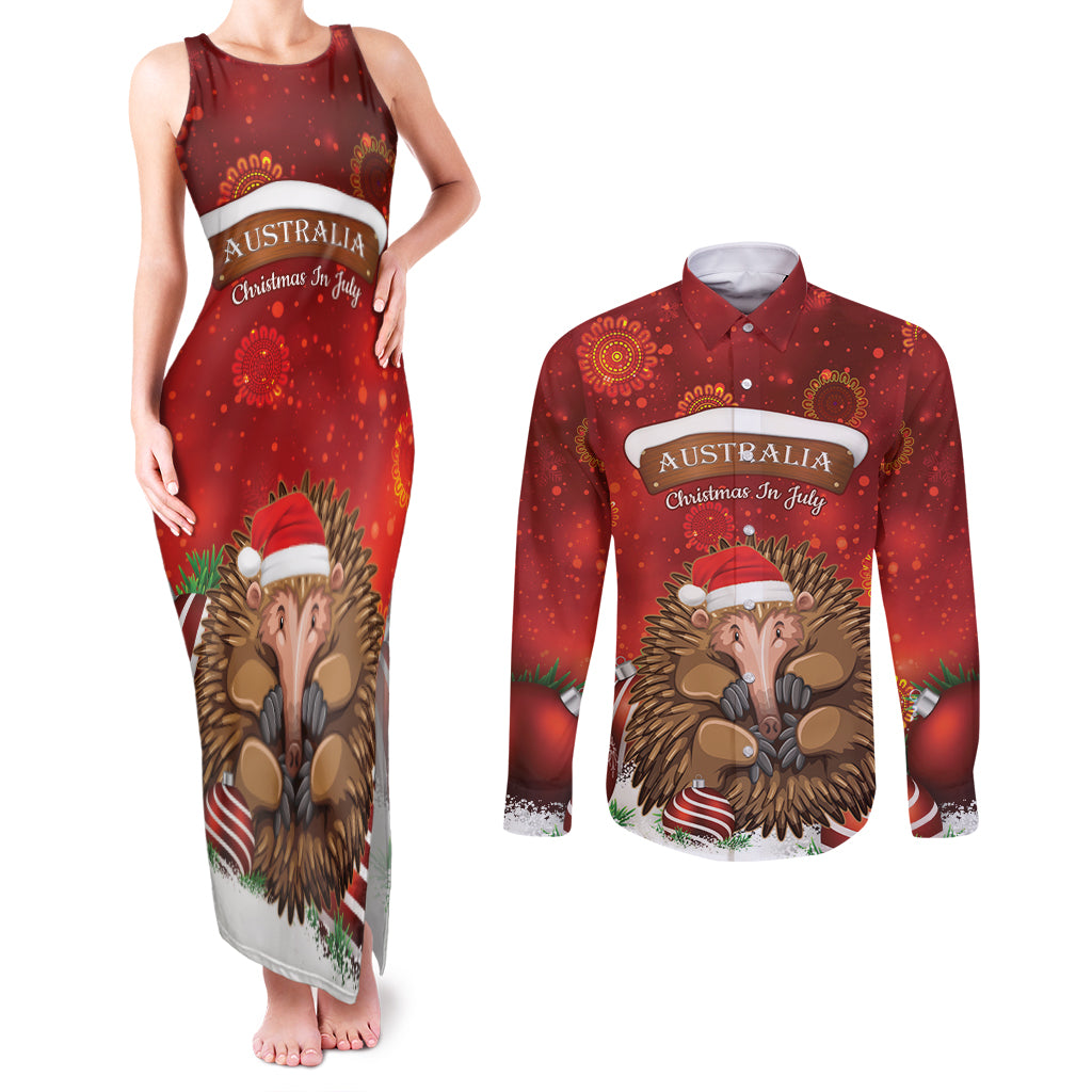 Australia Christmas In July Couples Matching Tank Maxi Dress and Long Sleeve Button Shirt Echidna Santa Claus