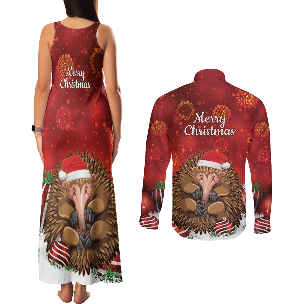 Australia Christmas In July Couples Matching Tank Maxi Dress and Long Sleeve Button Shirt Echidna Santa Claus