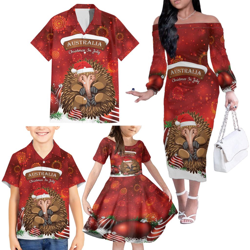Australia Christmas In July Family Matching Off The Shoulder Long Sleeve Dress and Hawaiian Shirt Echidna Santa Claus