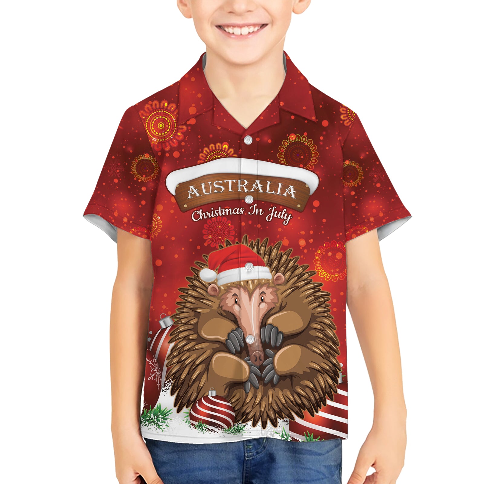 Australia Christmas In July Kid Hawaiian Shirt Echidna Santa Claus