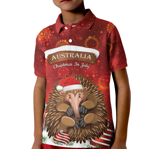 Australia Christmas In July Kid Polo Shirt Echidna Santa Claus