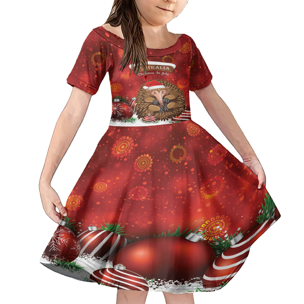 Australia Christmas In July Kid Short Sleeve Dress Echidna Santa Claus