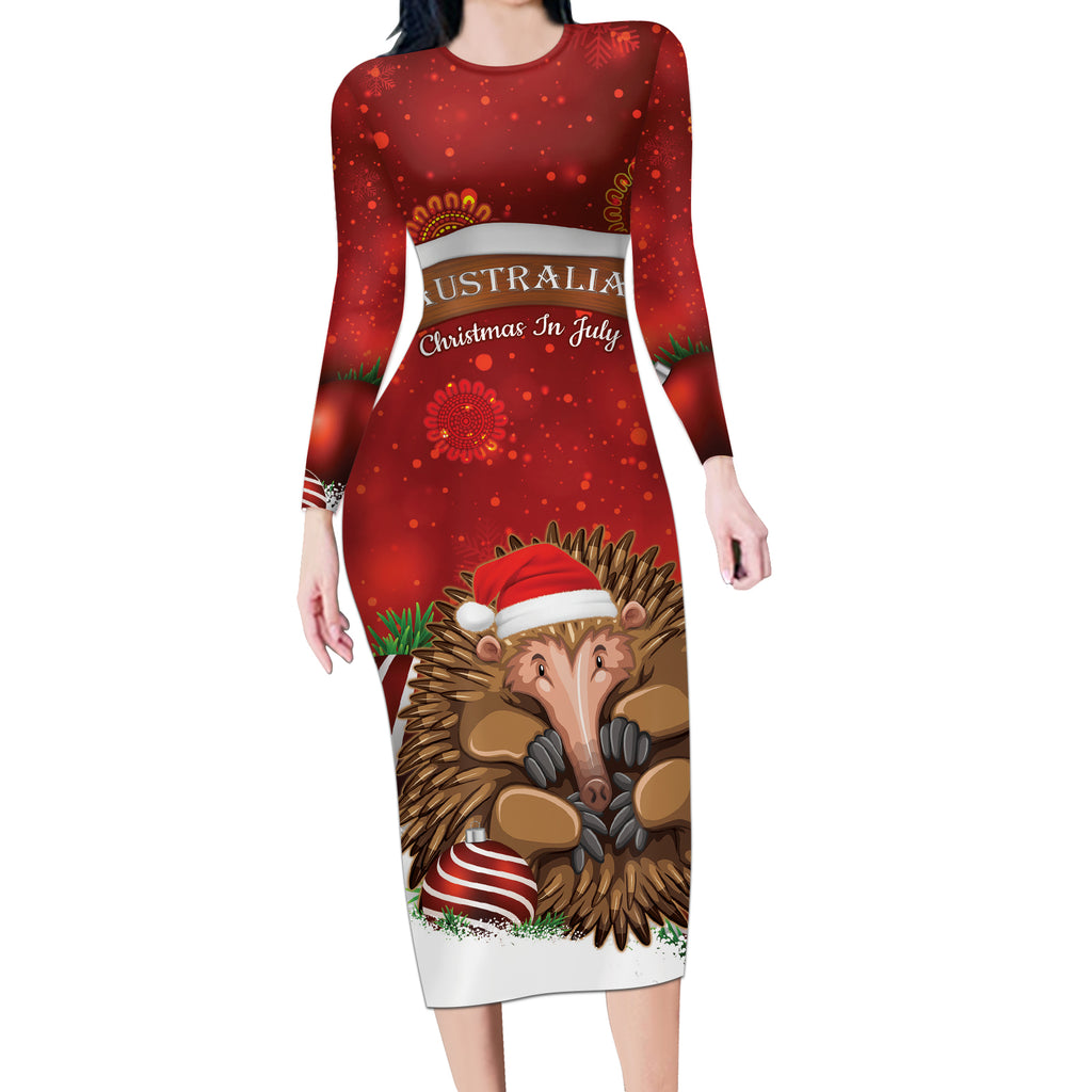 Australia Christmas In July Long Sleeve Bodycon Dress Echidna Santa Claus