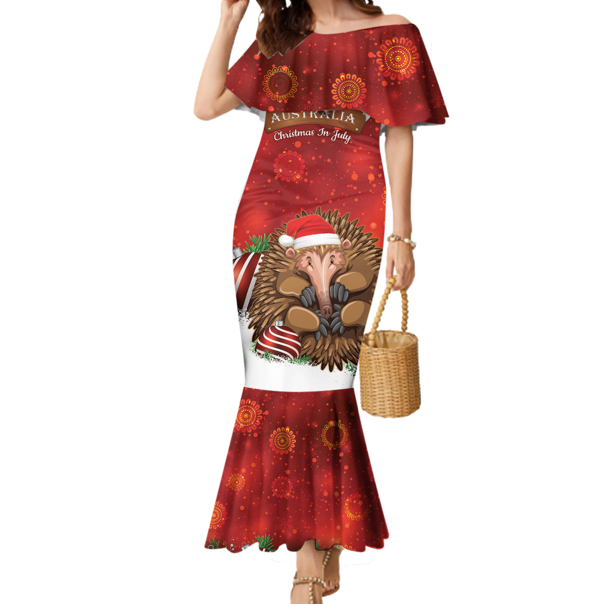 Australia Christmas In July Mermaid Dress Echidna Santa Claus