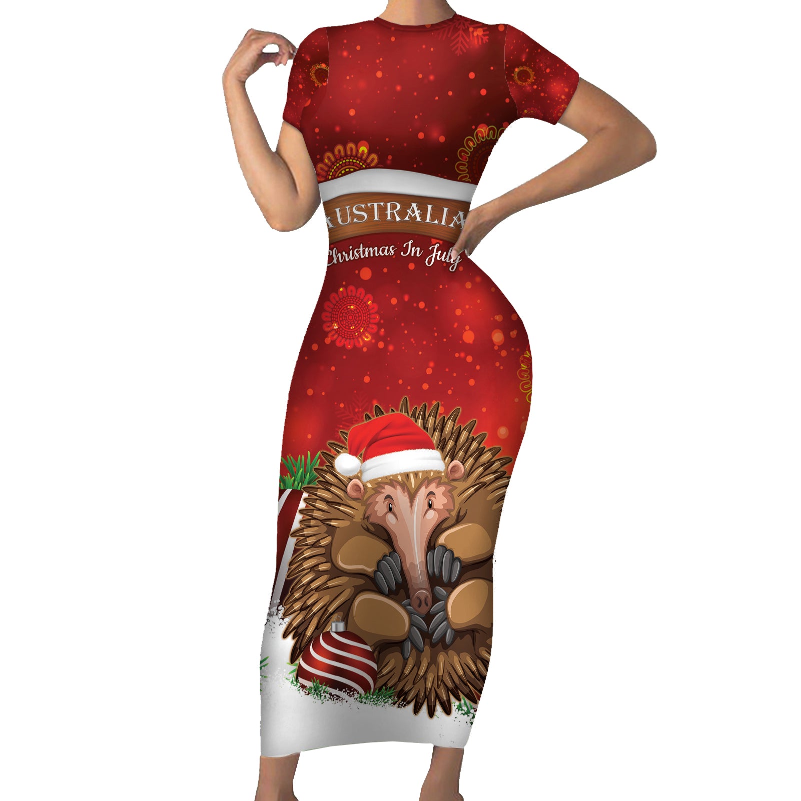 Australia Christmas In July Short Sleeve Bodycon Dress Echidna Santa Claus