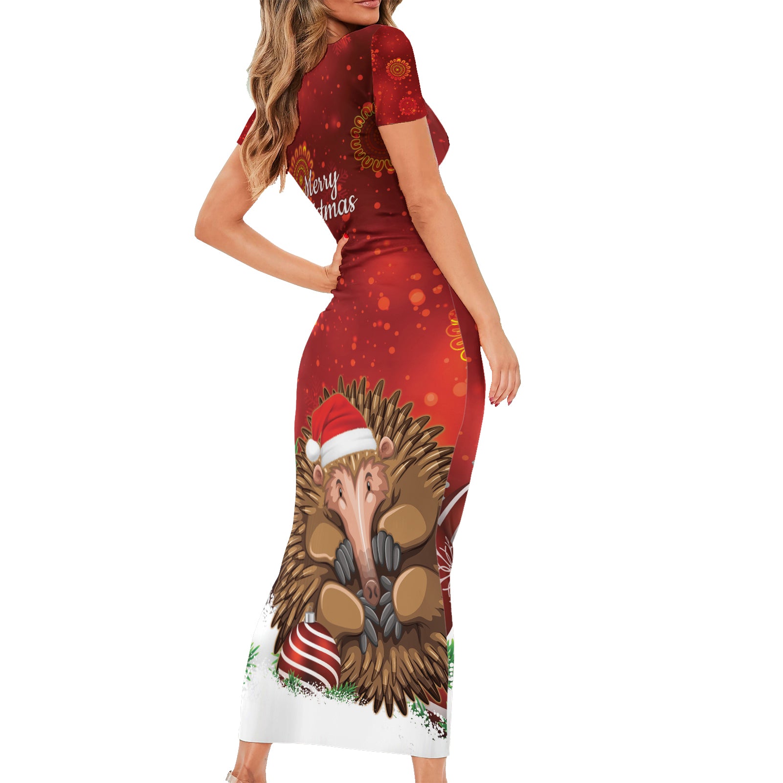 Australia Christmas In July Short Sleeve Bodycon Dress Echidna Santa Claus