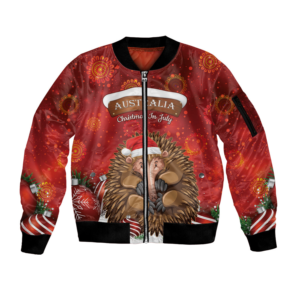 Australia Christmas In July Sleeve Zip Bomber Jacket Echidna Santa Claus