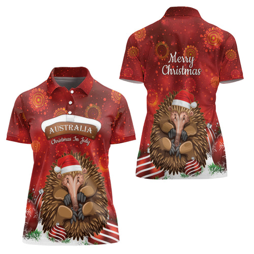 Australia Christmas In July Women Polo Shirt Echidna Santa Claus