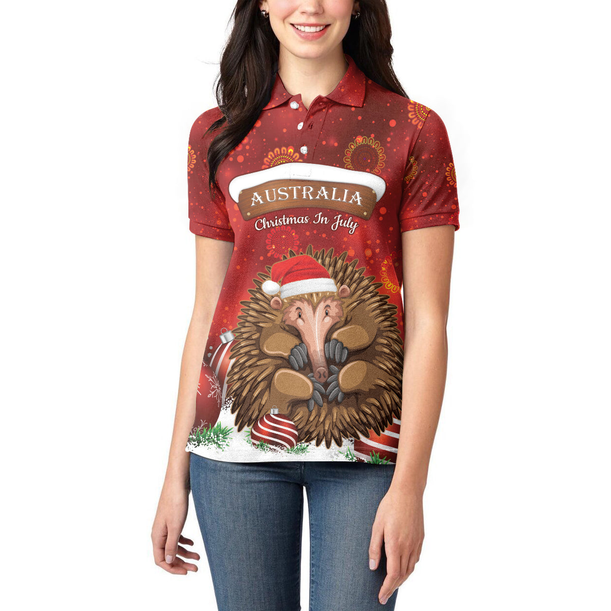Australia Christmas In July Women Polo Shirt Echidna Santa Claus