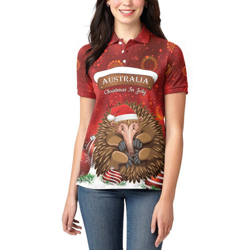 Australia Christmas In July Women Polo Shirt Echidna Santa Claus