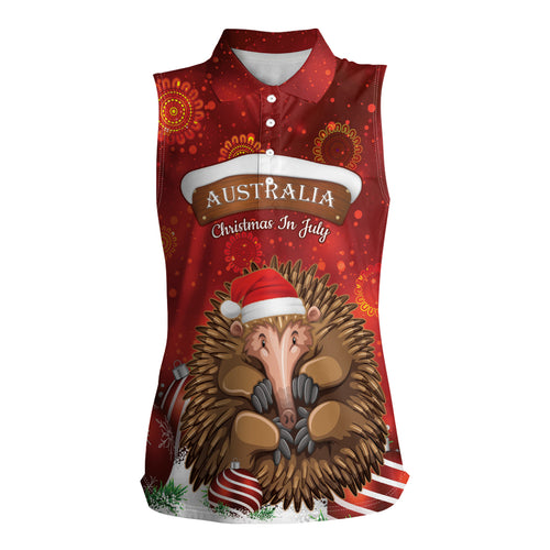 Australia Christmas In July Women Sleeveless Polo Shirt Echidna Santa Claus