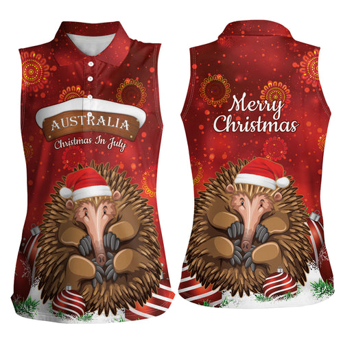 Australia Christmas In July Women Sleeveless Polo Shirt Echidna Santa Claus