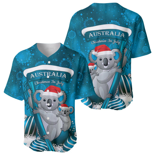 Australia Christmas In July Baseball Jersey Mommy and Baby Koala Santa - Blue