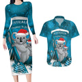 Australia Christmas In July Couples Matching Long Sleeve Bodycon Dress and Hawaiian Shirt Mommy and Baby Koala Santa - Blue