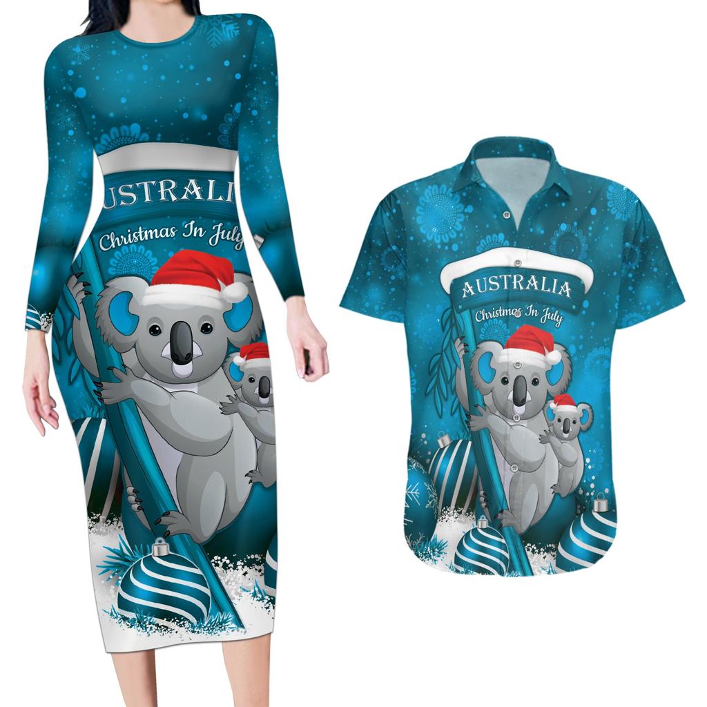 Australia Christmas In July Couples Matching Long Sleeve Bodycon Dress and Hawaiian Shirt Mommy and Baby Koala Santa - Blue