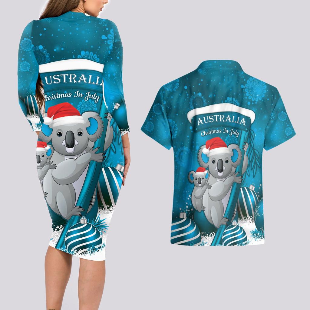 Australia Christmas In July Couples Matching Long Sleeve Bodycon Dress and Hawaiian Shirt Mommy and Baby Koala Santa - Blue